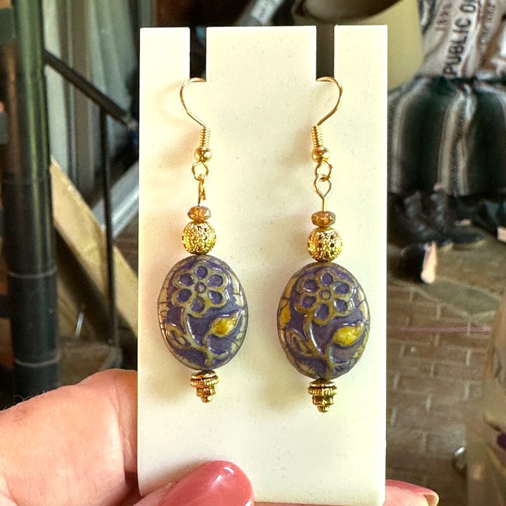 Indigo Oval Czech Glass Earrings | Floral Relief | Gold Plated